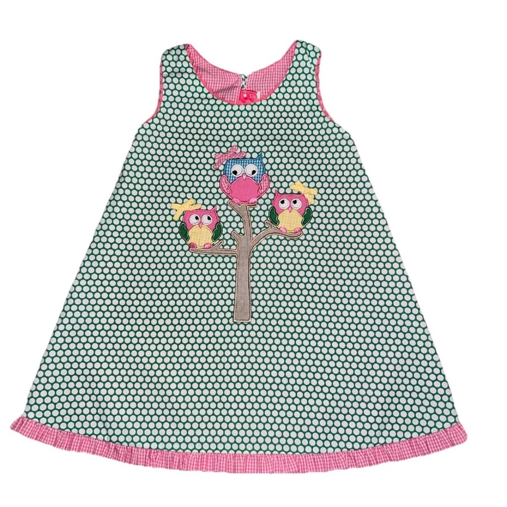 Girls Owl Polka Dot A-Line Sleeveless reversible Dress Pink Green 12M.